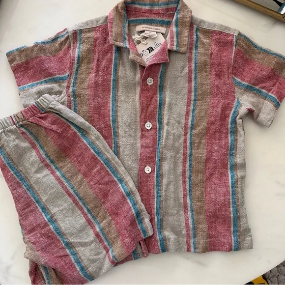 NWT Konges Sløjd Venice linen-blend shirt and shorts set in  Stan Stripe Sz 2yr - Picture 2 of 9
